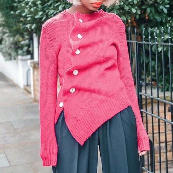 Sweaters - Pink Casual Women's Front Button Knit Top With Asymmetric Hem & Round Sweater